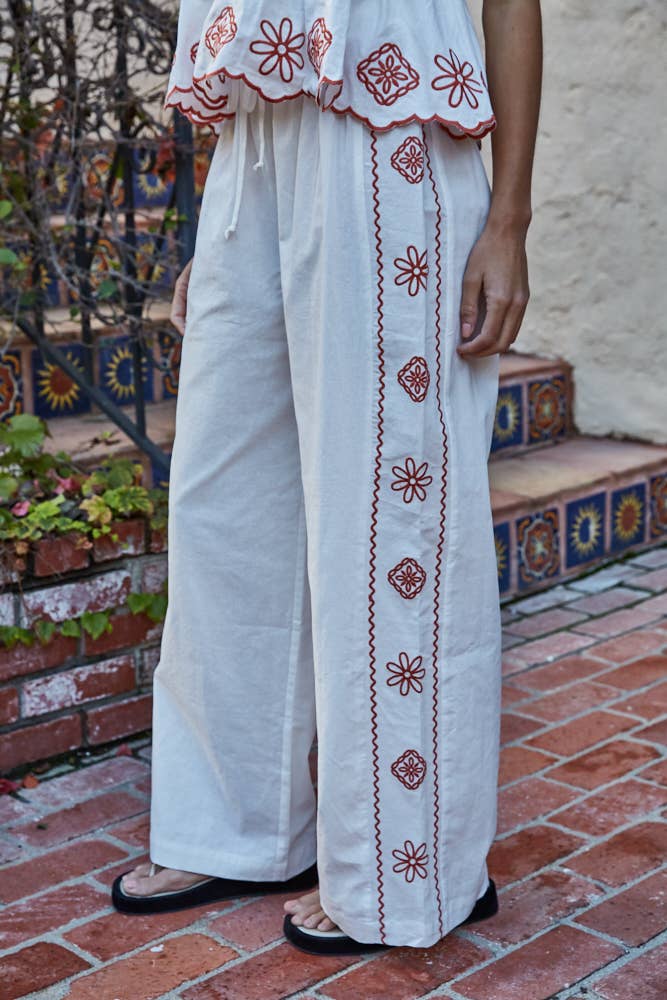 By Together Woven Ramie Cotton Embroidered Wide Leg Pants