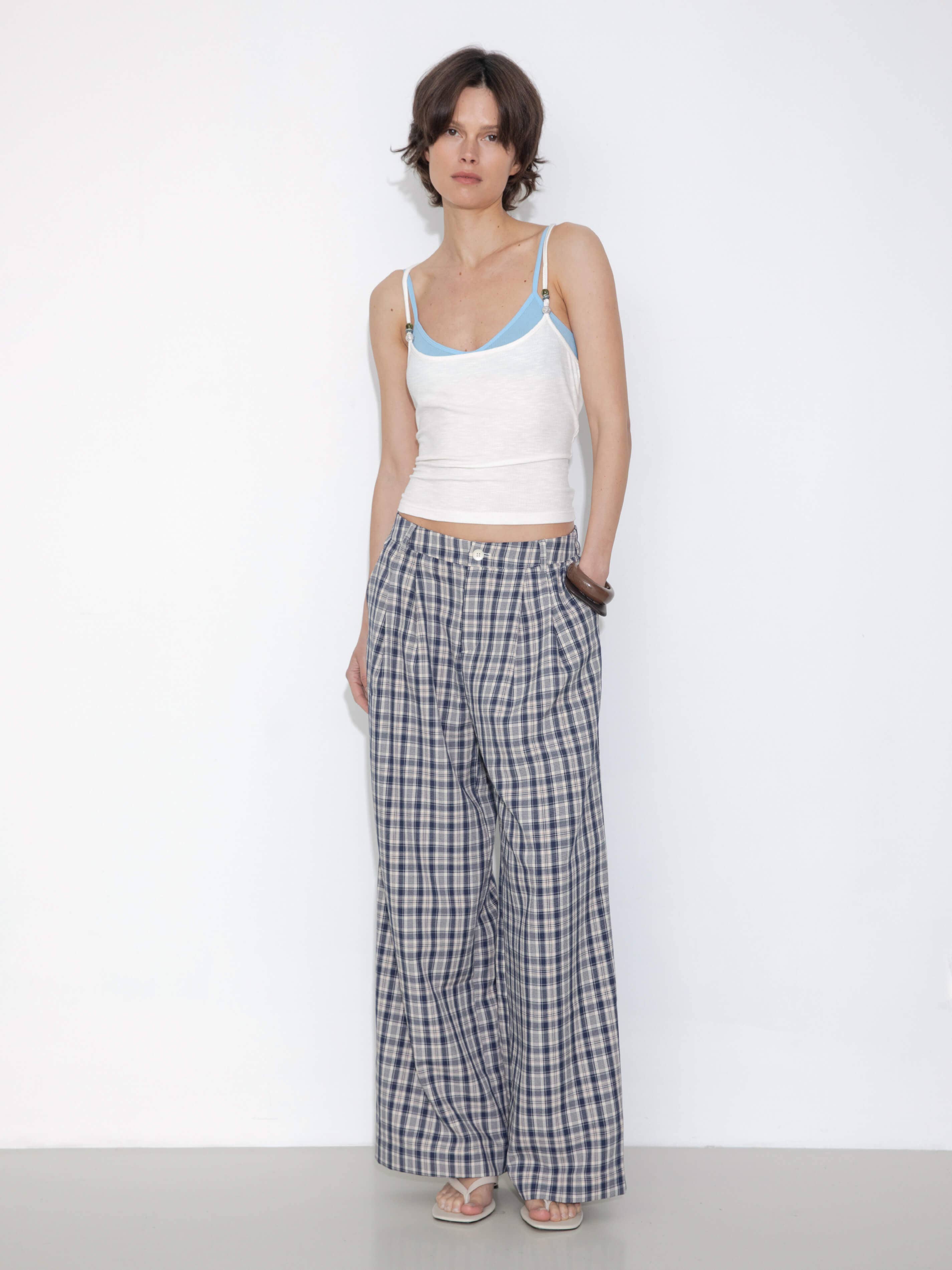 Striped Check High-Waisted Wide-Leg Casual Pants