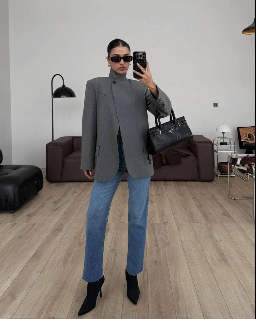 Grey Asymmetrical Neck Blazer