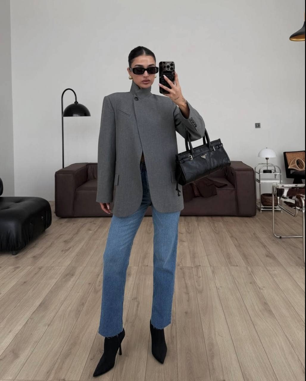 Grey Asymmetrical Neck Blazer