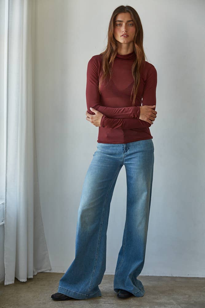 By Together Knit Tencel Jersey Turtleneck Long Sleeve Sheer Top