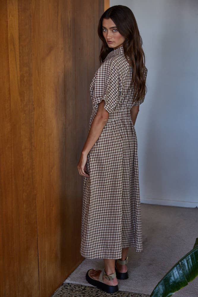 By Together Woven Cotton Gingham Print Button Down Flare Maxi