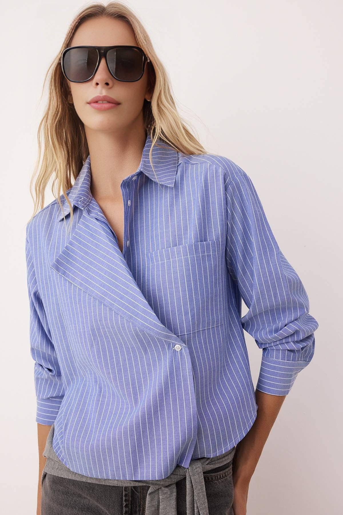 Jacket Collar Striped Woven Shirt