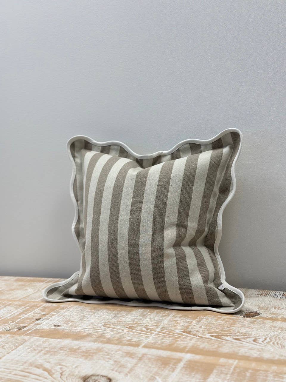 Chloe Greige Stripe Scalloped Edge Cushion Cover 45x45cm