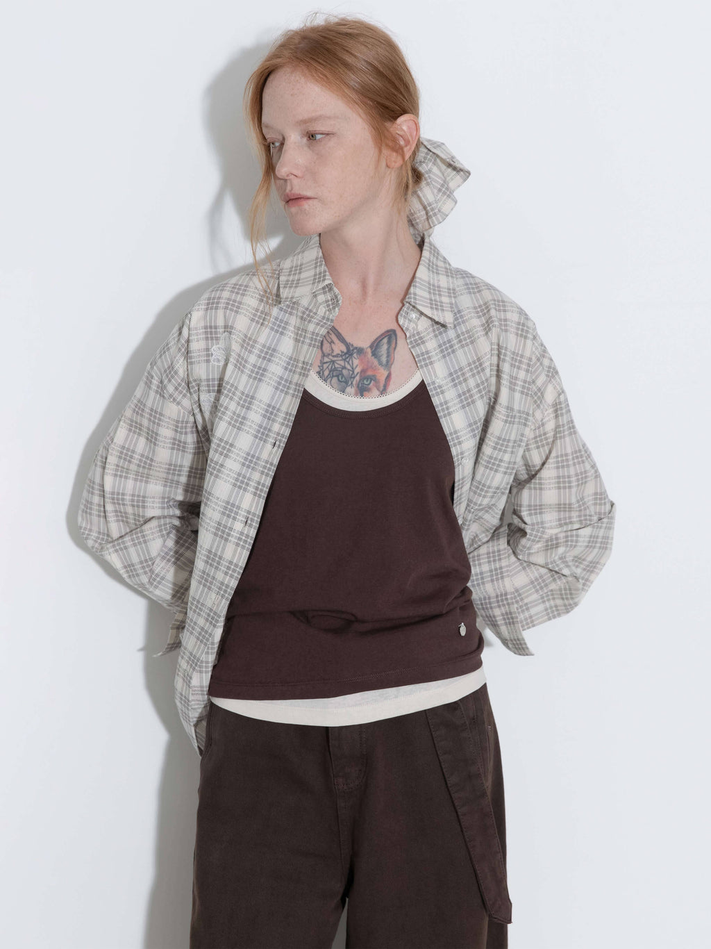 Cubic 100% Cotton Embroidered Lace Checkered Oversized Shirt