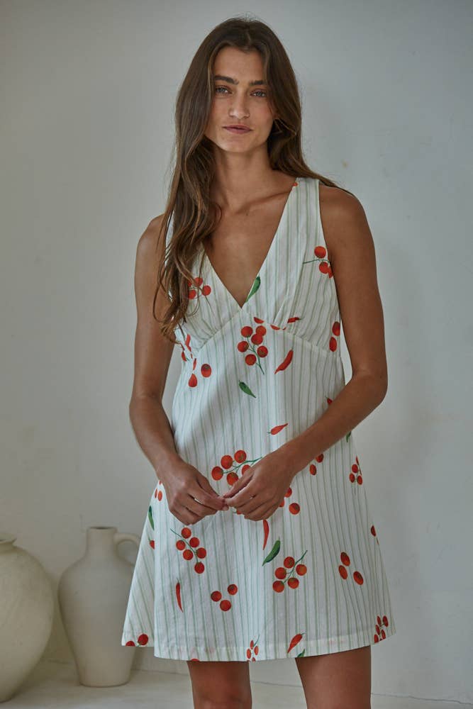 By Together Woven Cotton Striped Veggie Print Mini Dress
