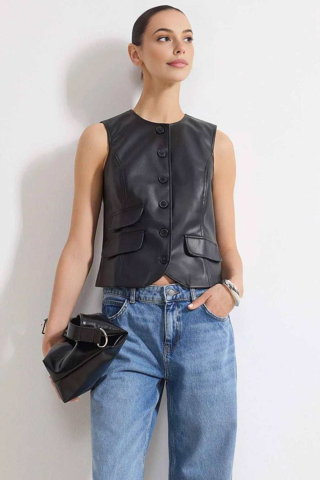 Faux Leather Fitted Woven Vest