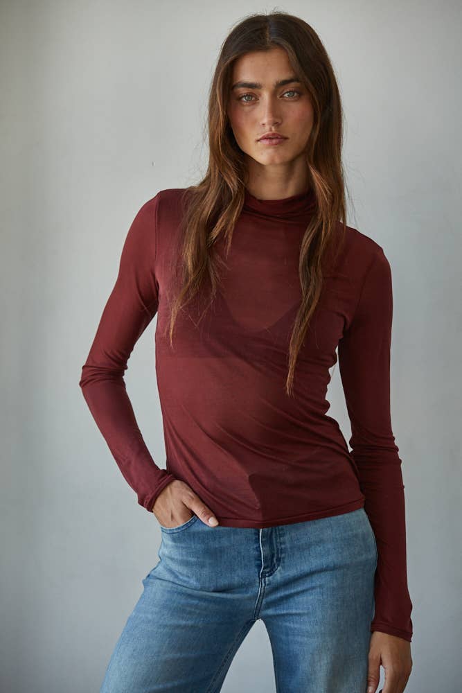 By Together Knit Tencel Jersey Turtleneck Long Sleeve Sheer Top