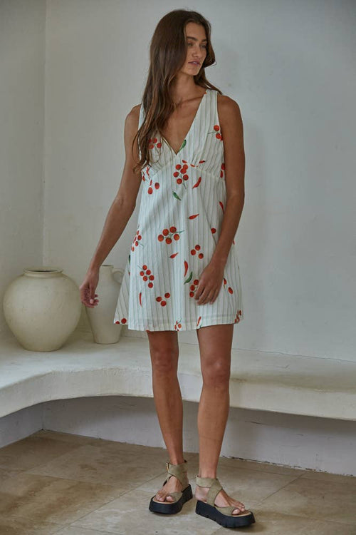 By Together Woven Cotton Striped Veggie Print Mini Dress