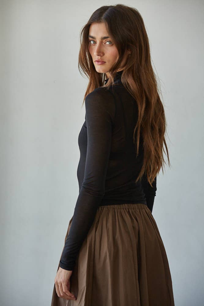 By Together Knit Tencel Jersey Turtleneck Long Sleeve Sheer Top