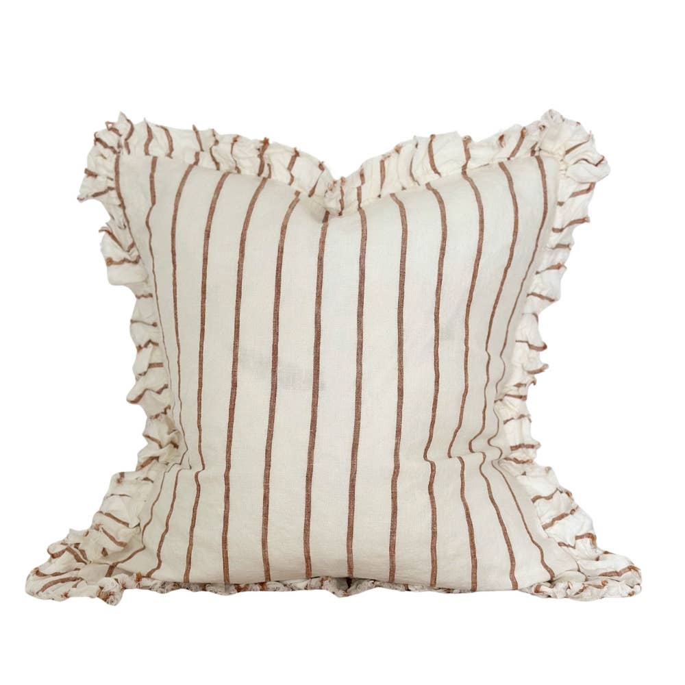 Hallie Ruffled Linen Cushion Cover – Brown & Cream Stripe