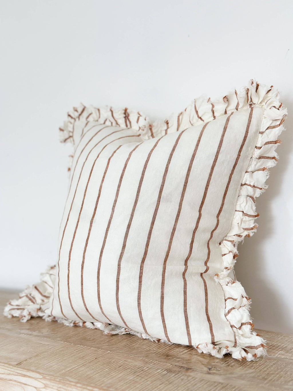 Hallie Ruffled Linen Cushion Cover – Brown & Cream Stripe