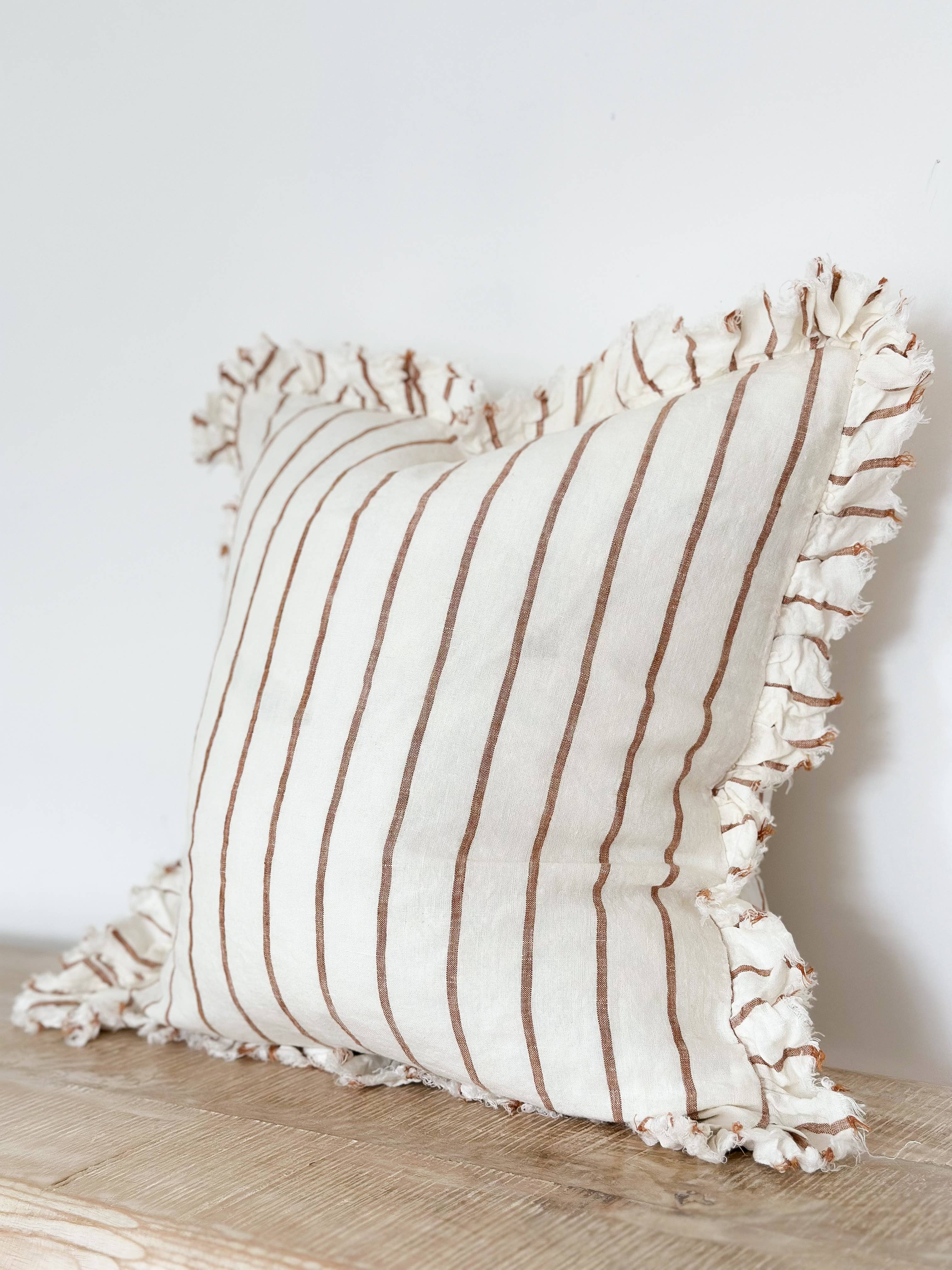 Hallie Ruffled Linen Cushion Cover – Brown & Cream Stripe