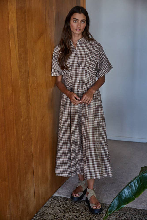 By Together Woven Cotton Gingham Print Button Down Flare Maxi