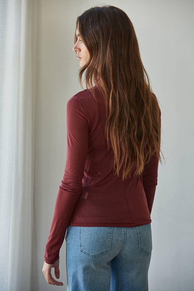 By Together Knit Tencel Jersey Turtleneck Long Sleeve Sheer Top
