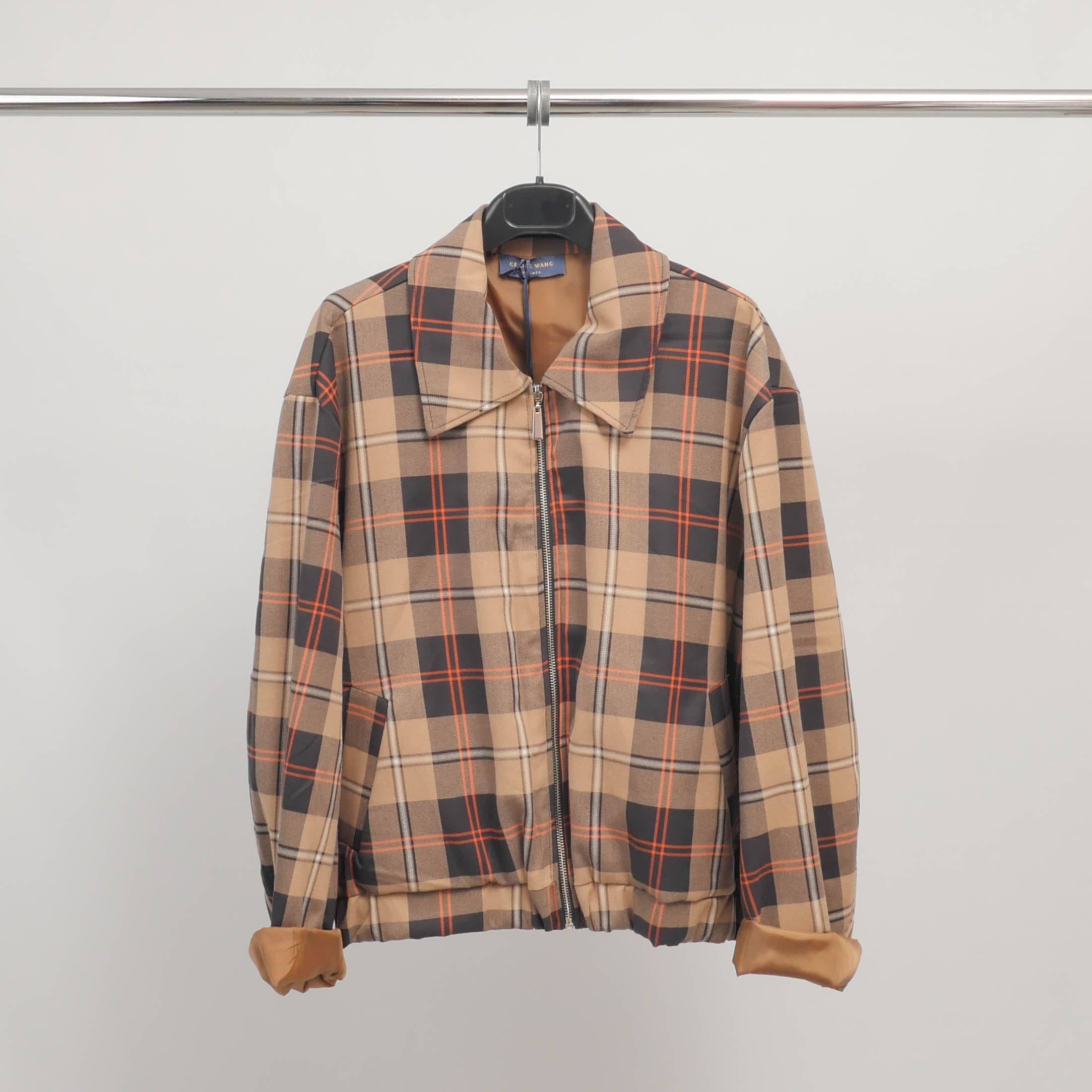 Short zip-up plaid jacket
