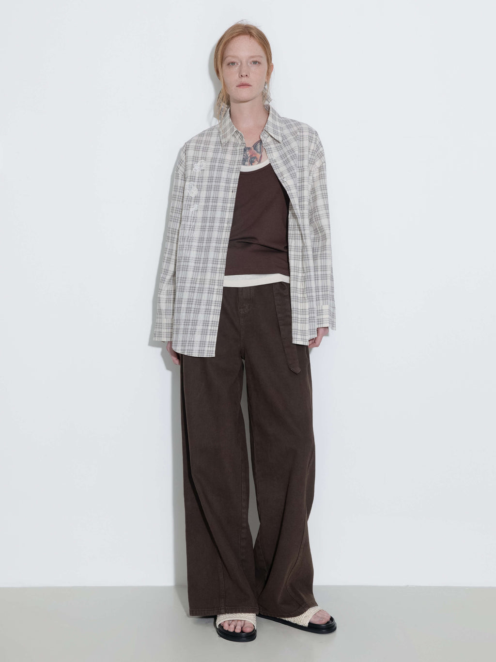 Cubic 100% Cotton Embroidered Lace Checkered Oversized Shirt