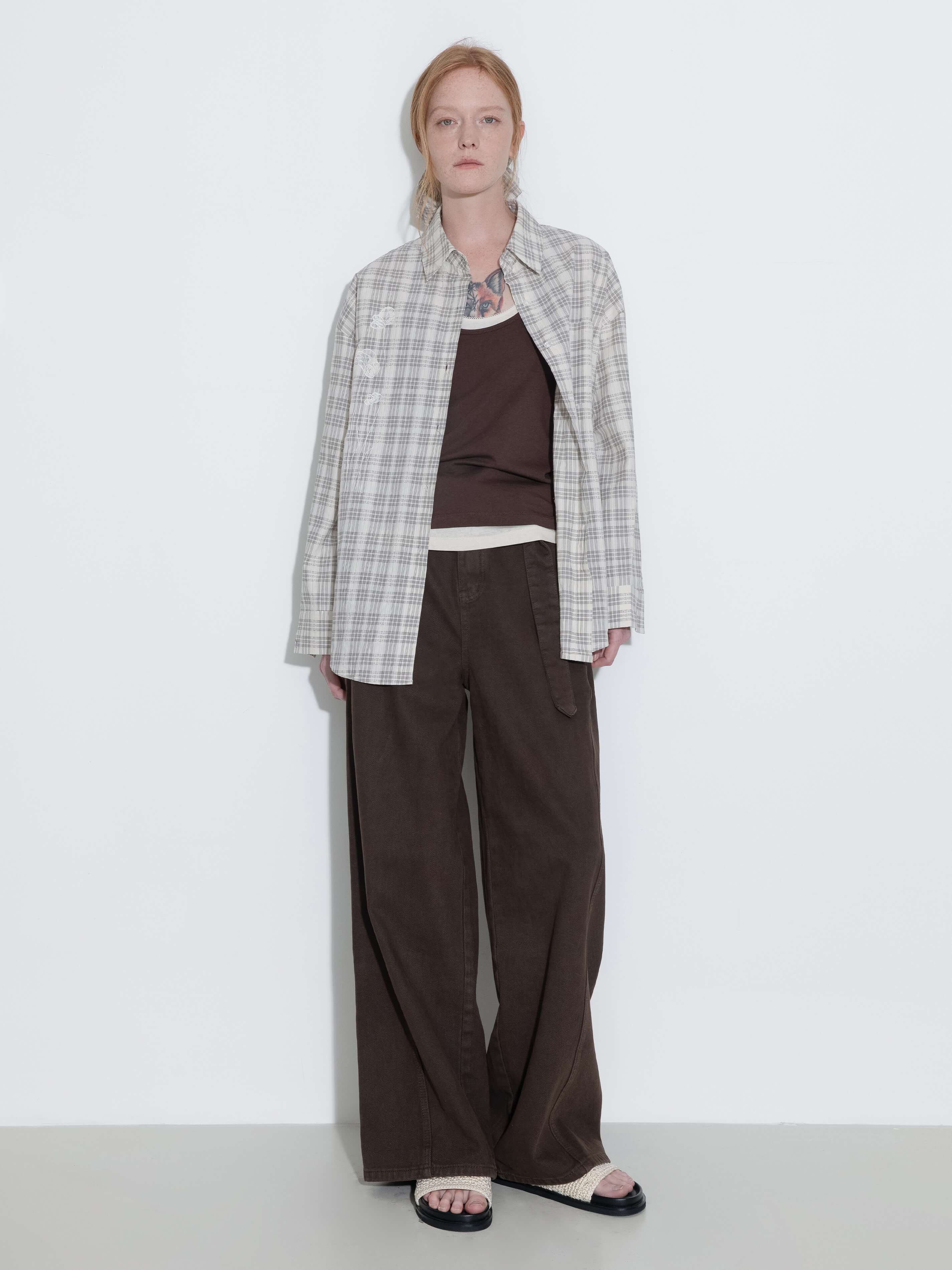 Cubic 100% Cotton Embroidered Lace Checkered Oversized Shirt
