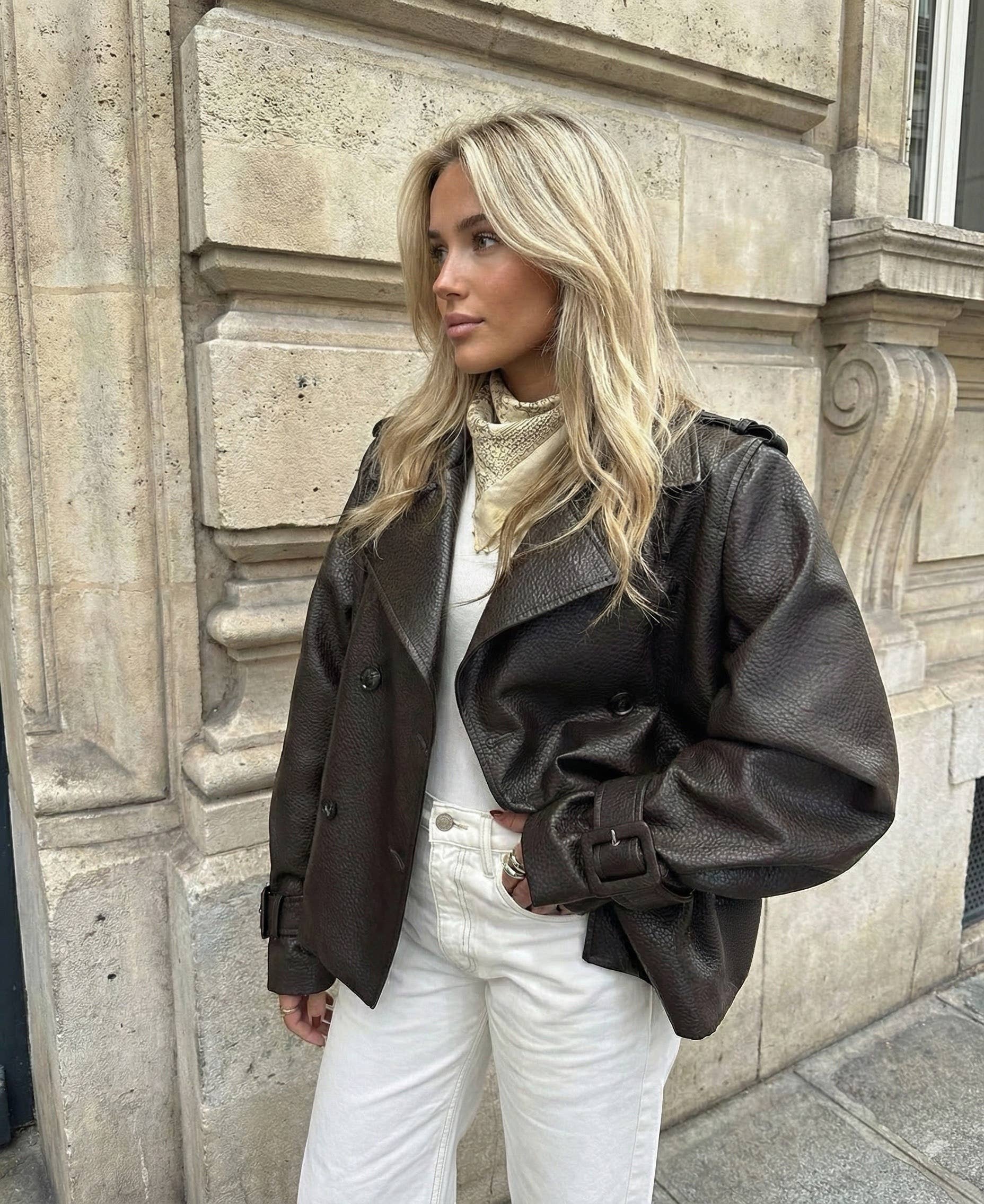 Double-breasted faux leather jacket