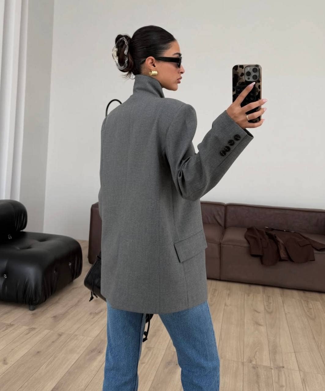 Grey Asymmetrical Neck Blazer