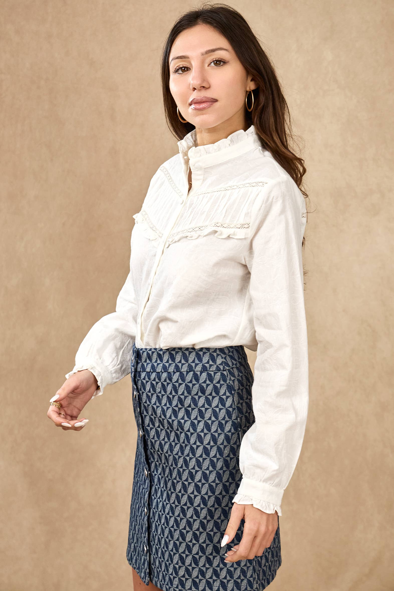 LOVIE & CO Cotton blouse with pleats and ruffles