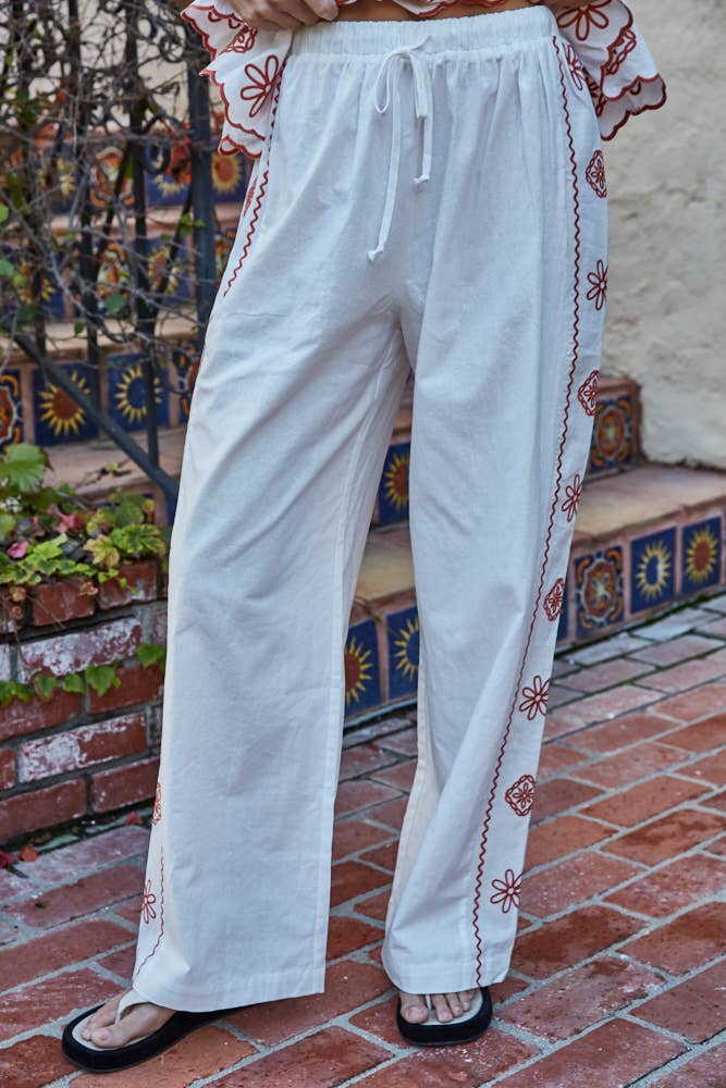 By Together Woven Ramie Cotton Embroidered Wide Leg Pants
