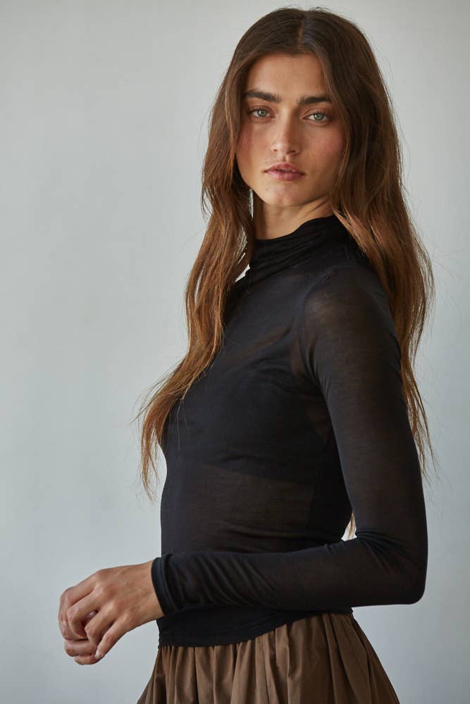 By Together Knit Tencel Jersey Turtleneck Long Sleeve Sheer Top