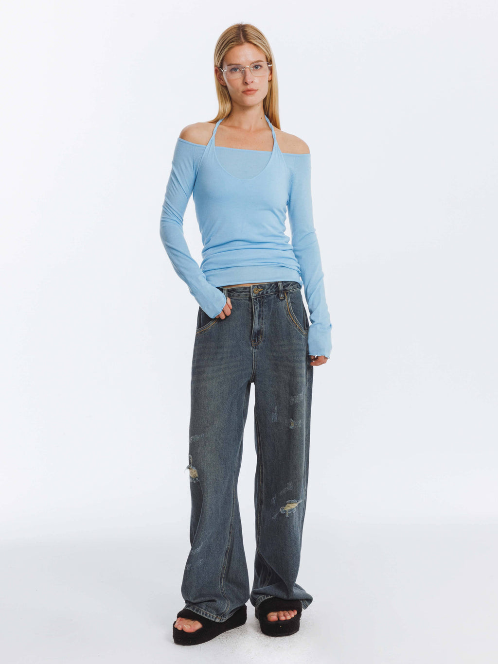 Cubic Hole Washed Straight Jeans