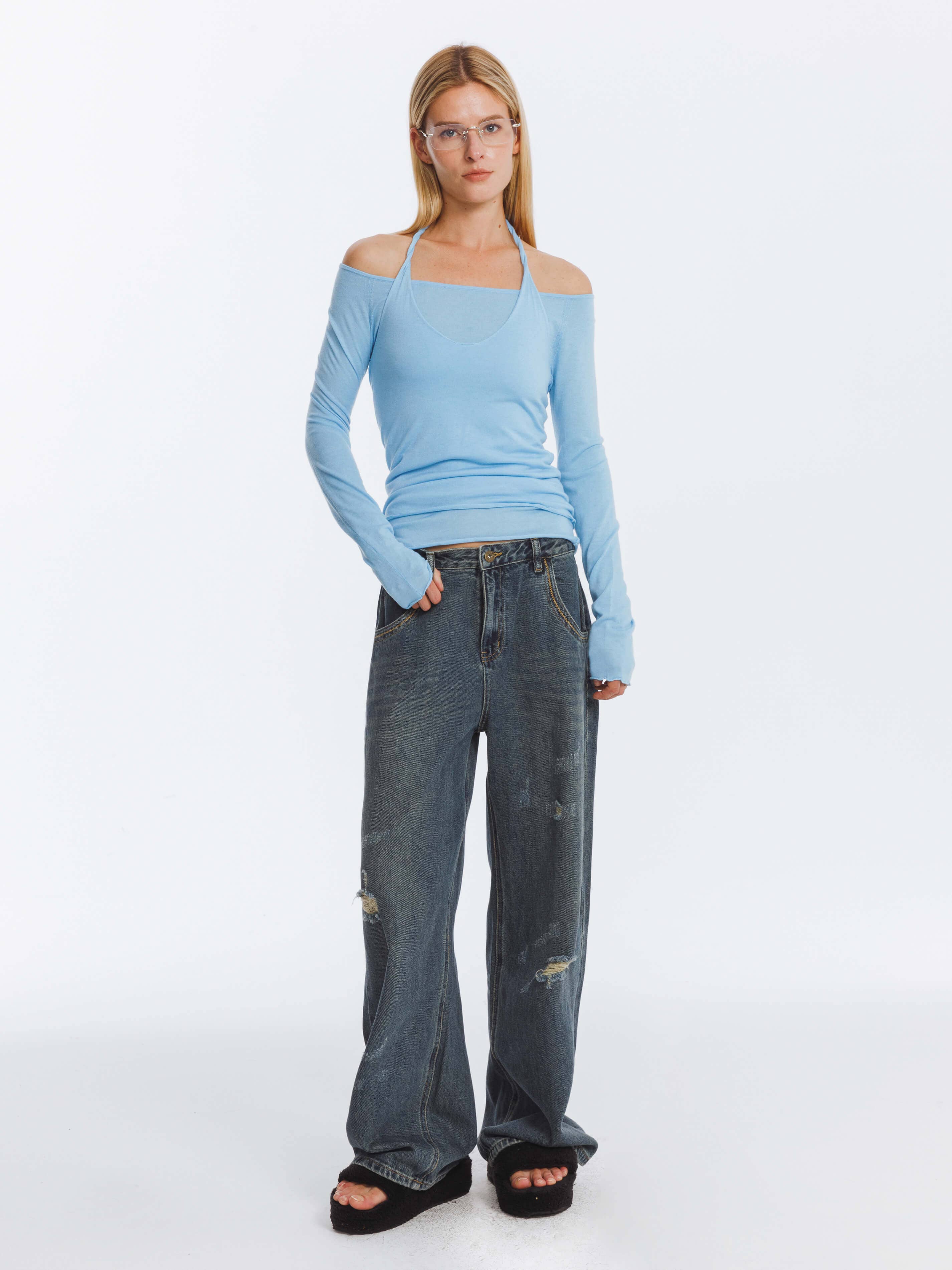 Cubic Hole Washed Straight Jeans