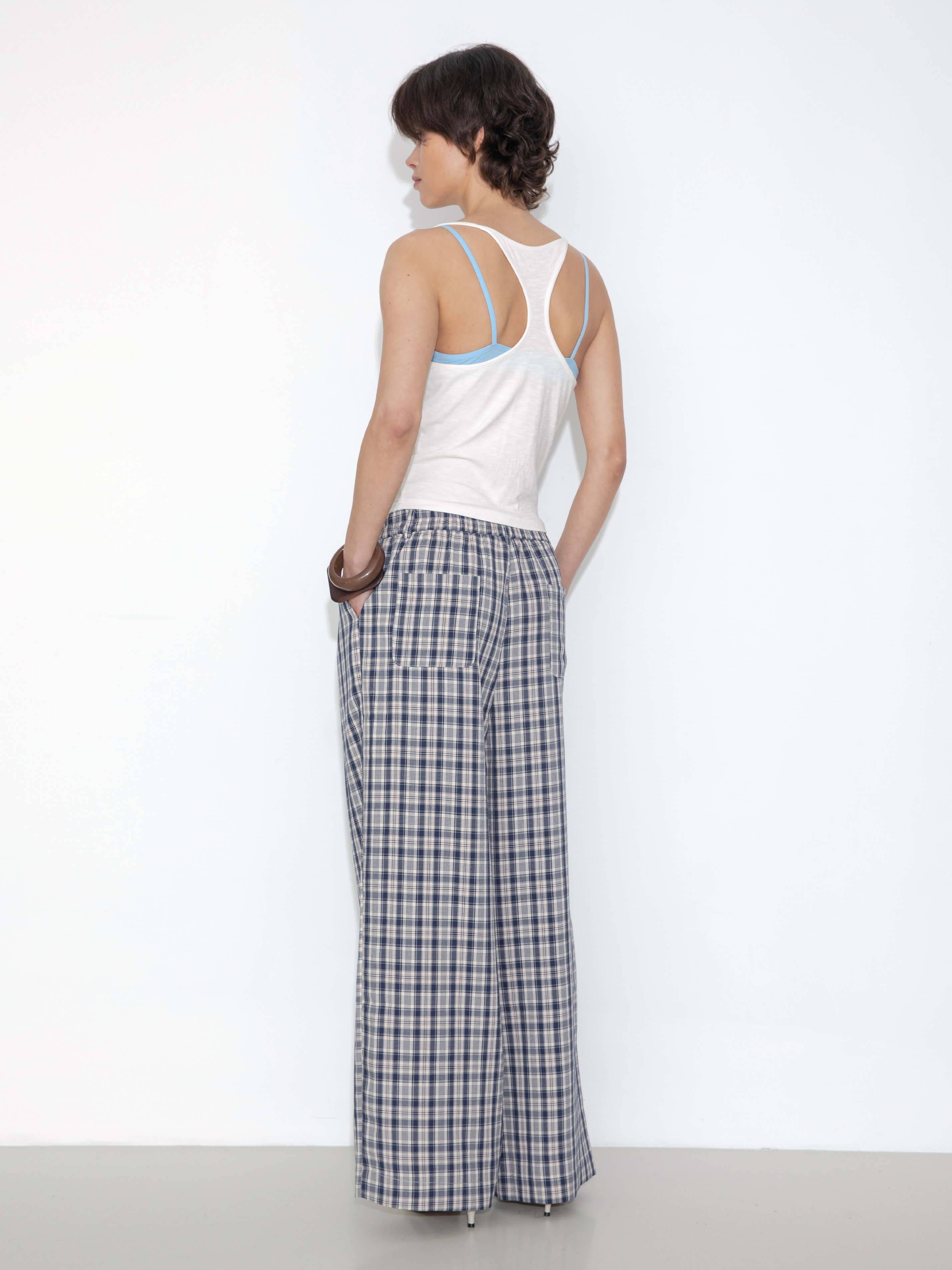 Striped Check High-Waisted Wide-Leg Casual Pants