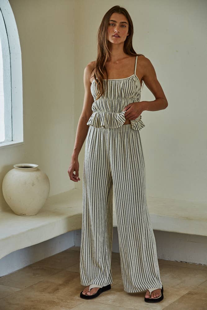 By Together Woven Polyester Spandex Striped Peplum Crop Top