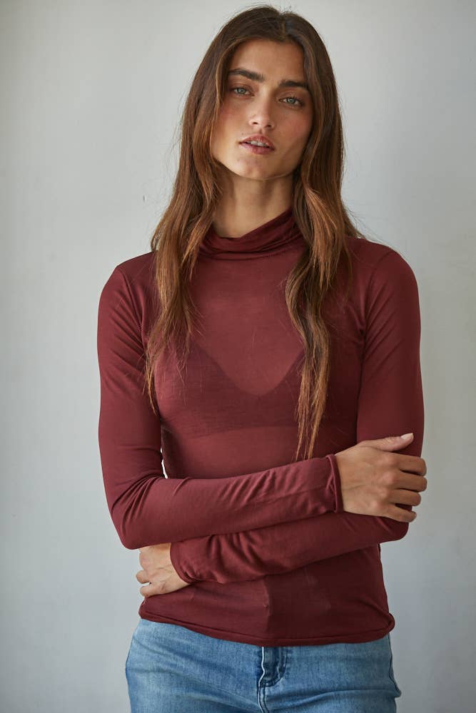 By Together Knit Tencel Jersey Turtleneck Long Sleeve Sheer Top