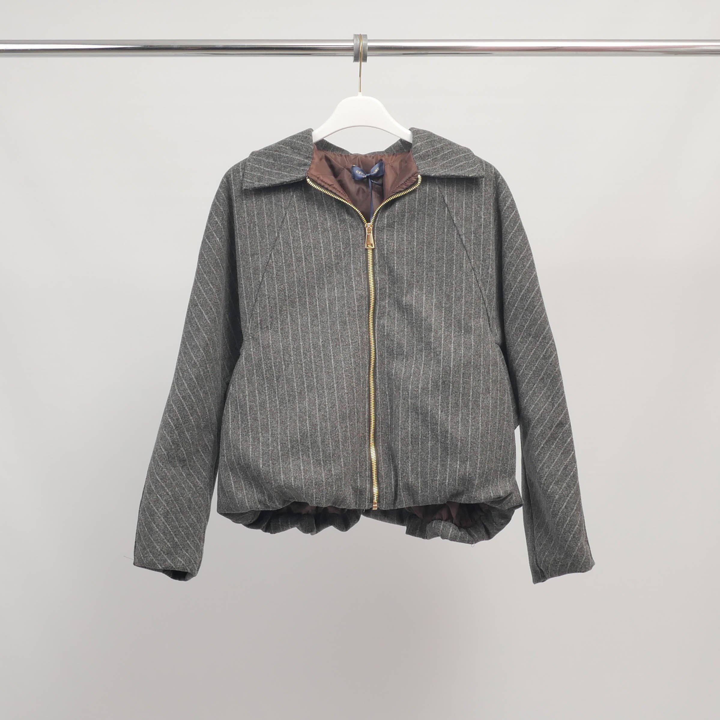 Elasticated fine striped zip-up jacket at the base