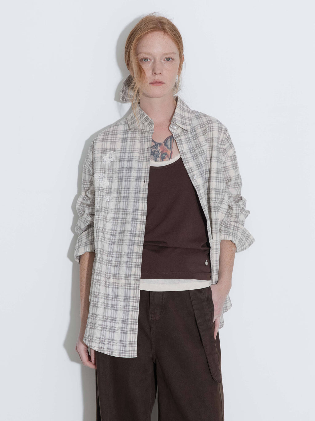 Cubic 100% Cotton Embroidered Lace Checkered Oversized Shirt