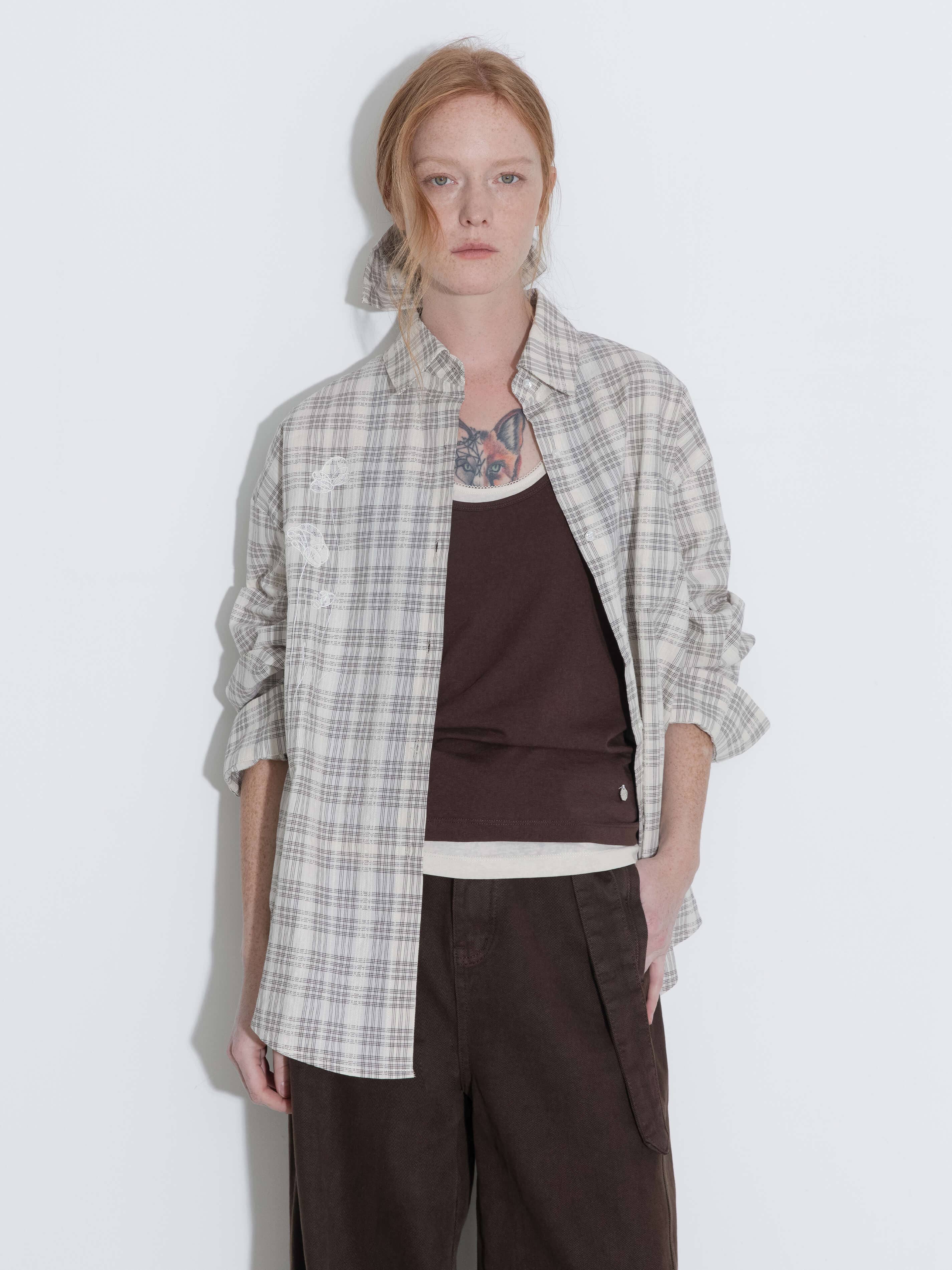 Cubic 100% Cotton Embroidered Lace Checkered Oversized Shirt