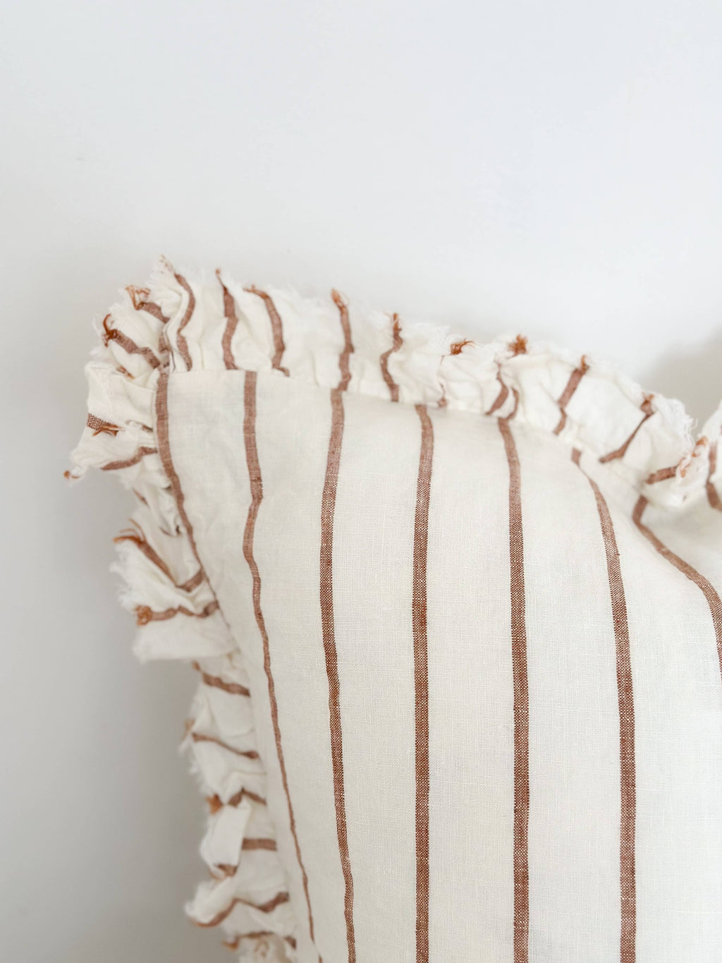 Hallie Ruffled Linen Cushion Cover – Brown & Cream Stripe