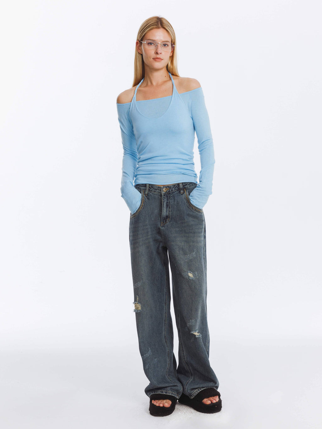Cubic Hole Washed Straight Jeans