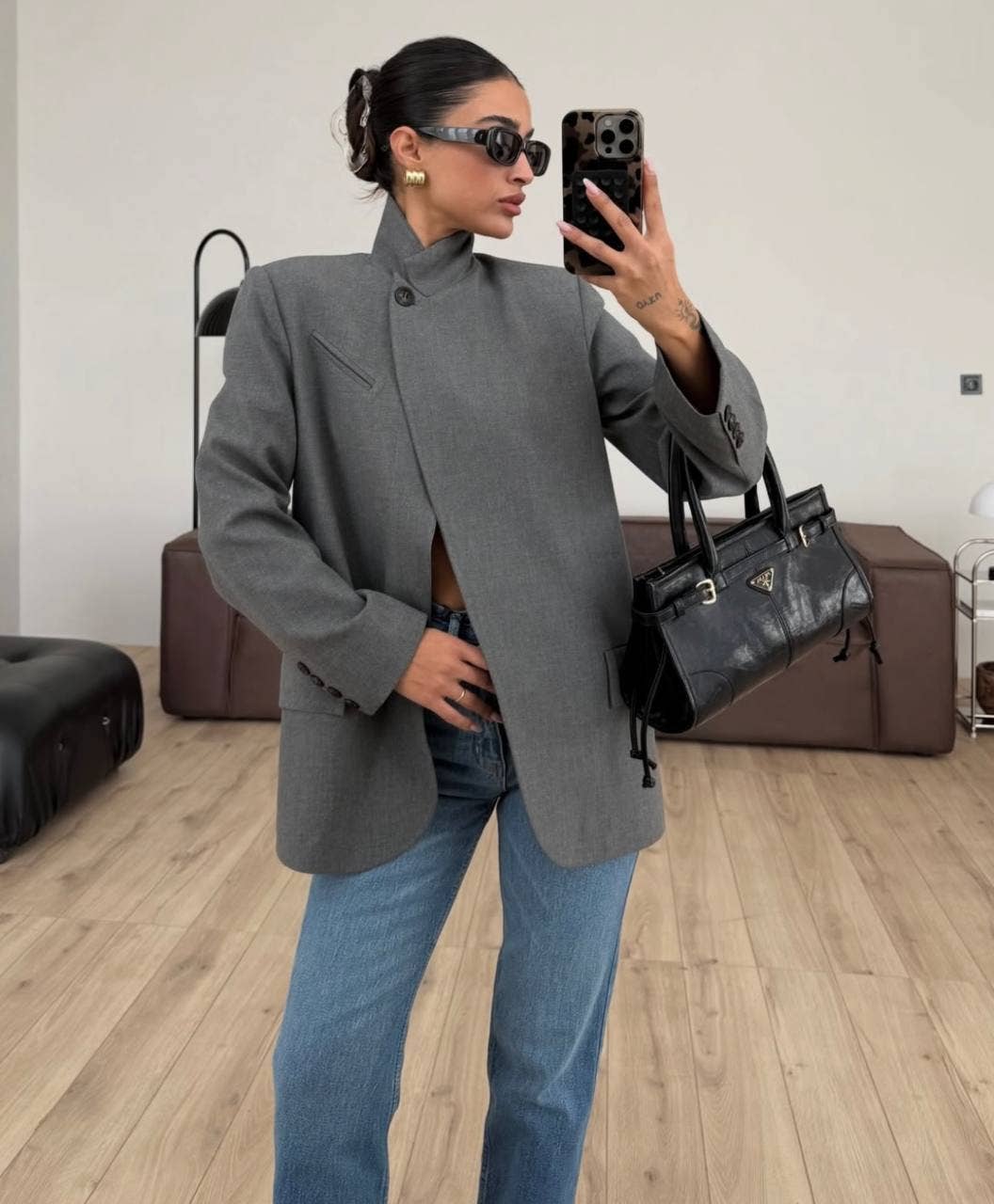 Grey Asymmetrical Neck Blazer