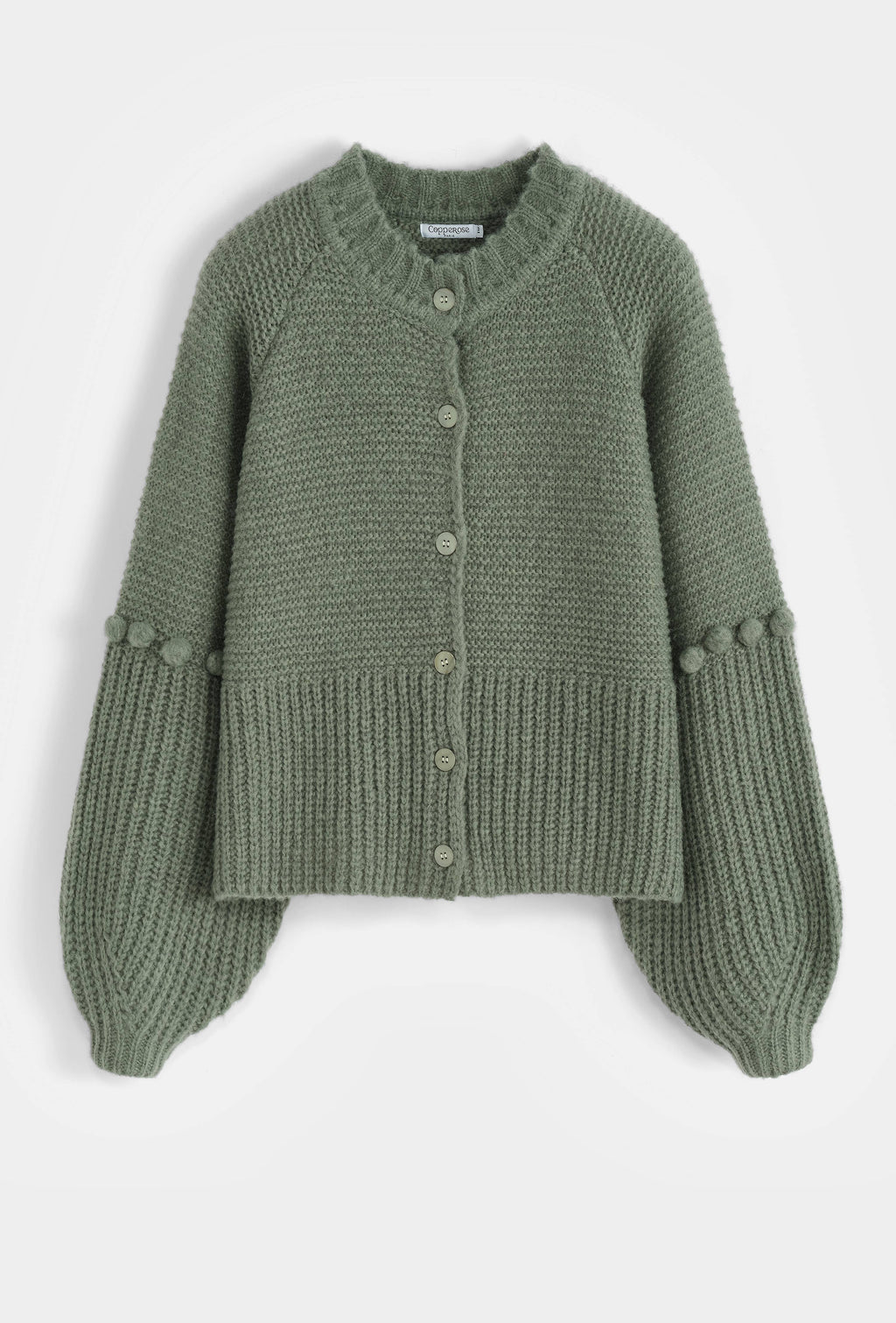 Chunky-knit cardigan with embellished puff sleeves