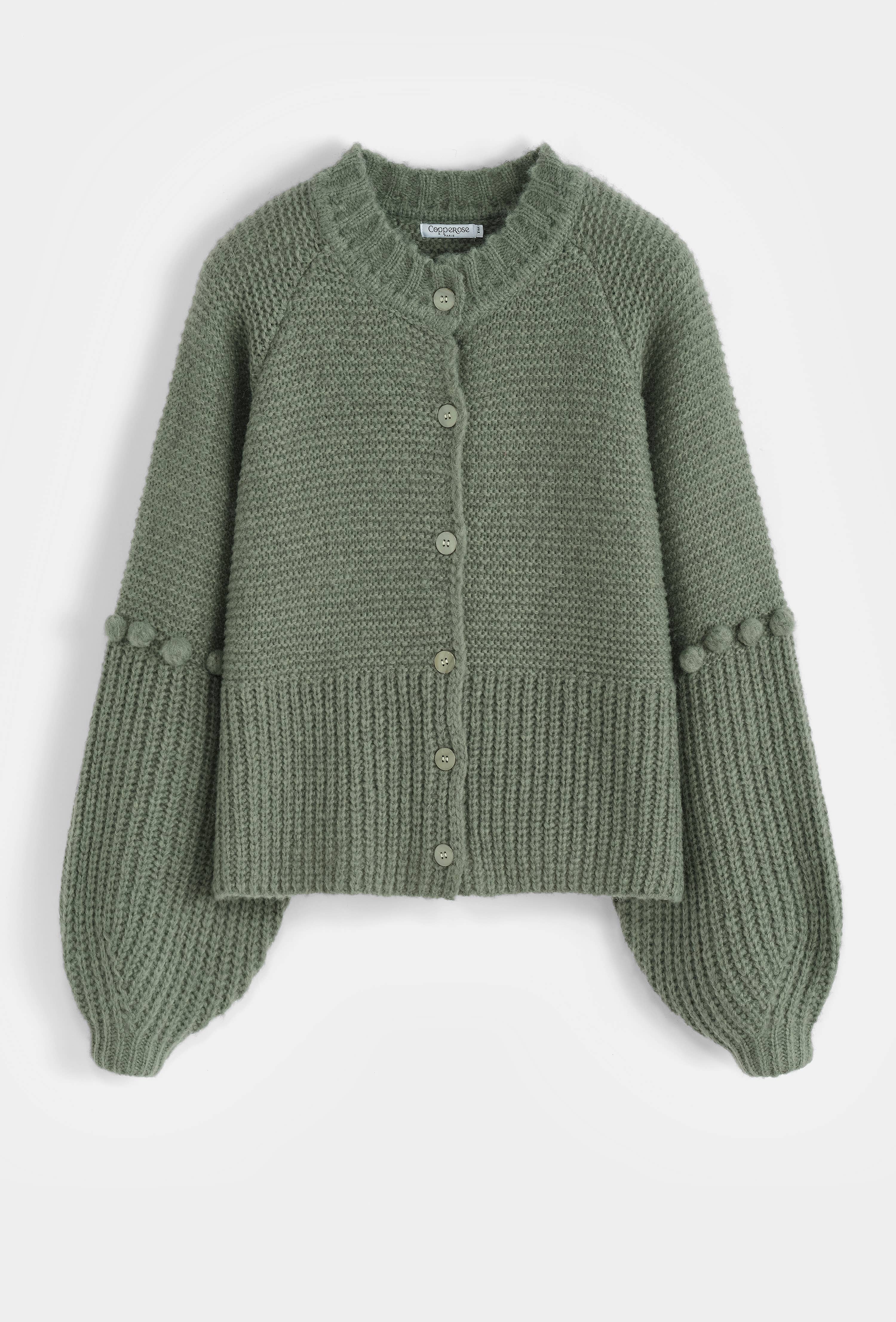 Chunky-knit cardigan with embellished puff sleeves