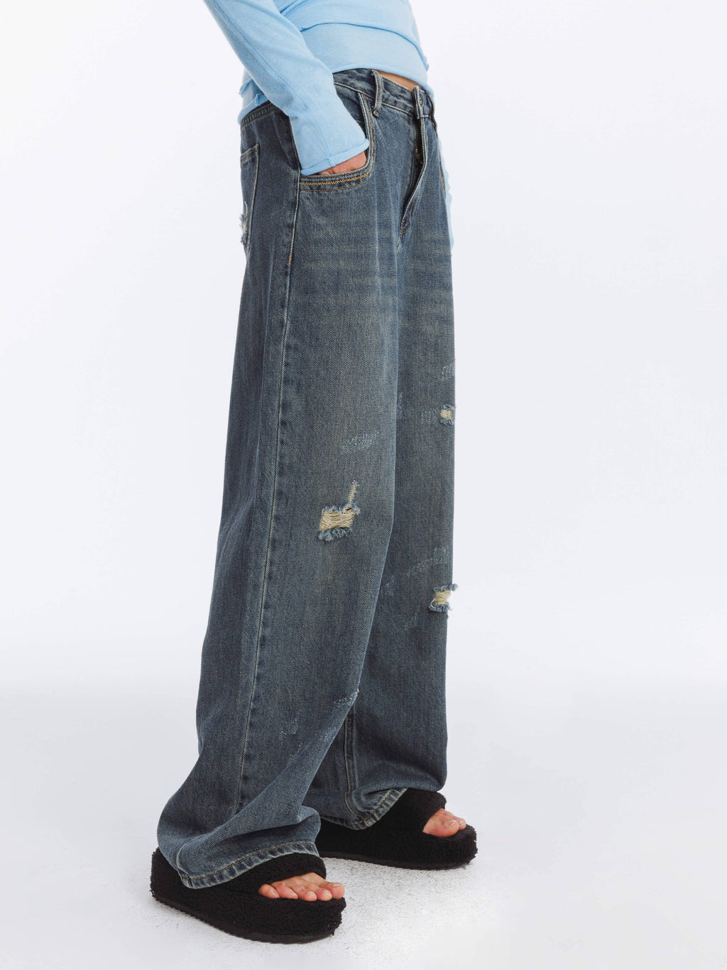 Cubic Hole Washed Straight Jeans