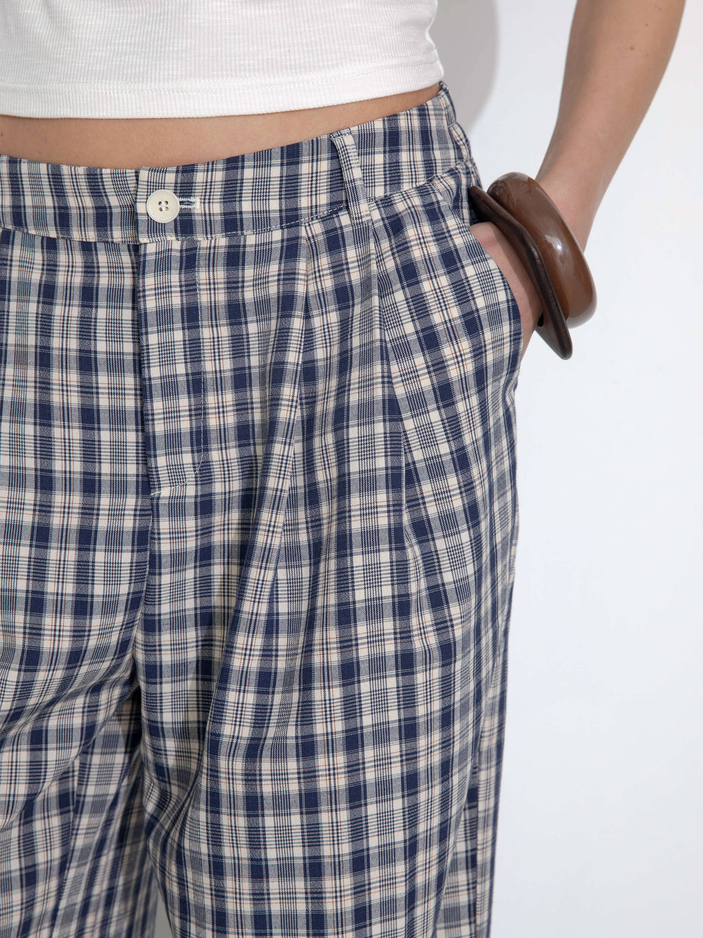 Striped Check High-Waisted Wide-Leg Casual Pants