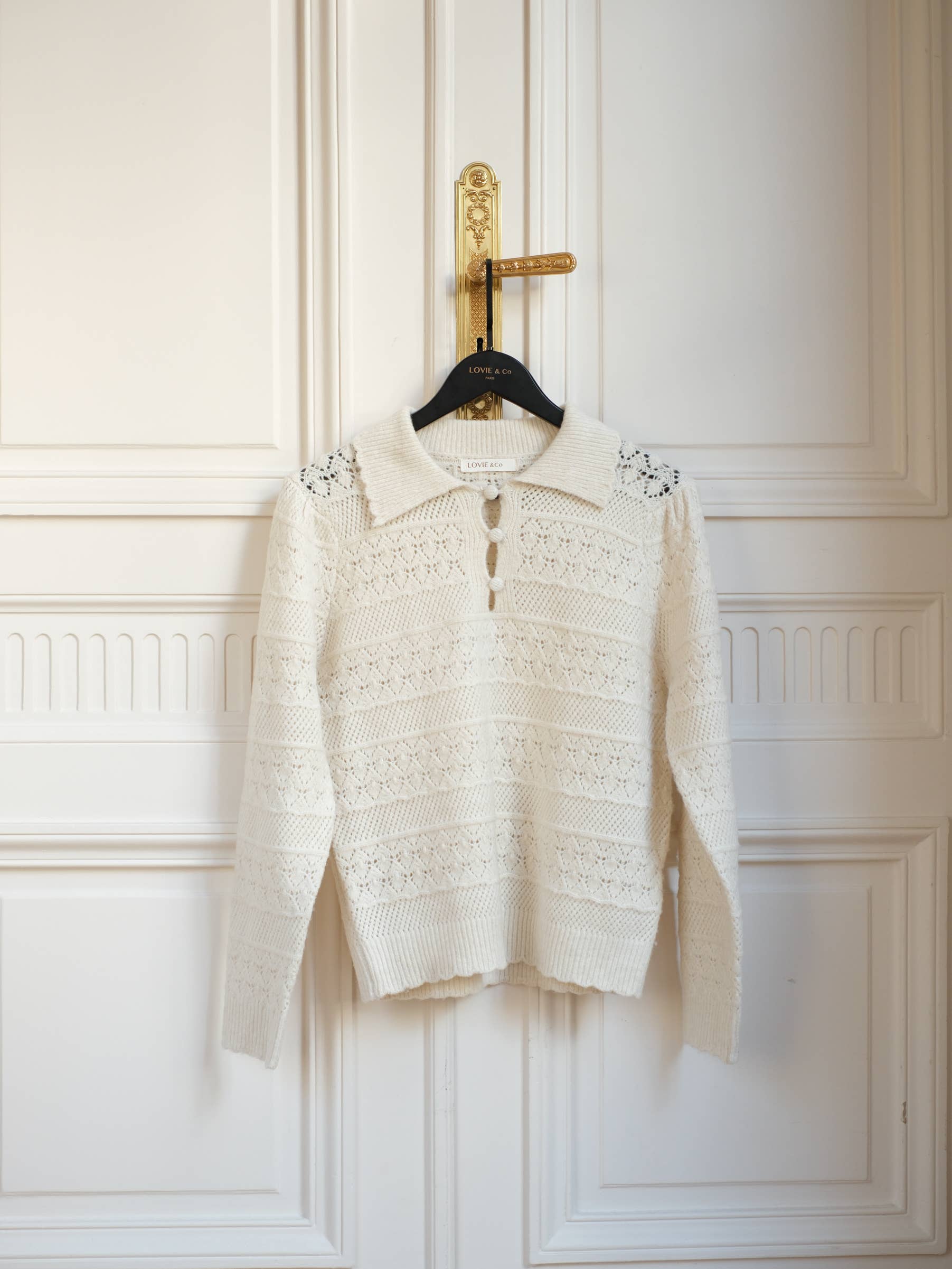 LOVIE & CO Openwork knit sweater with buttoned polo collar