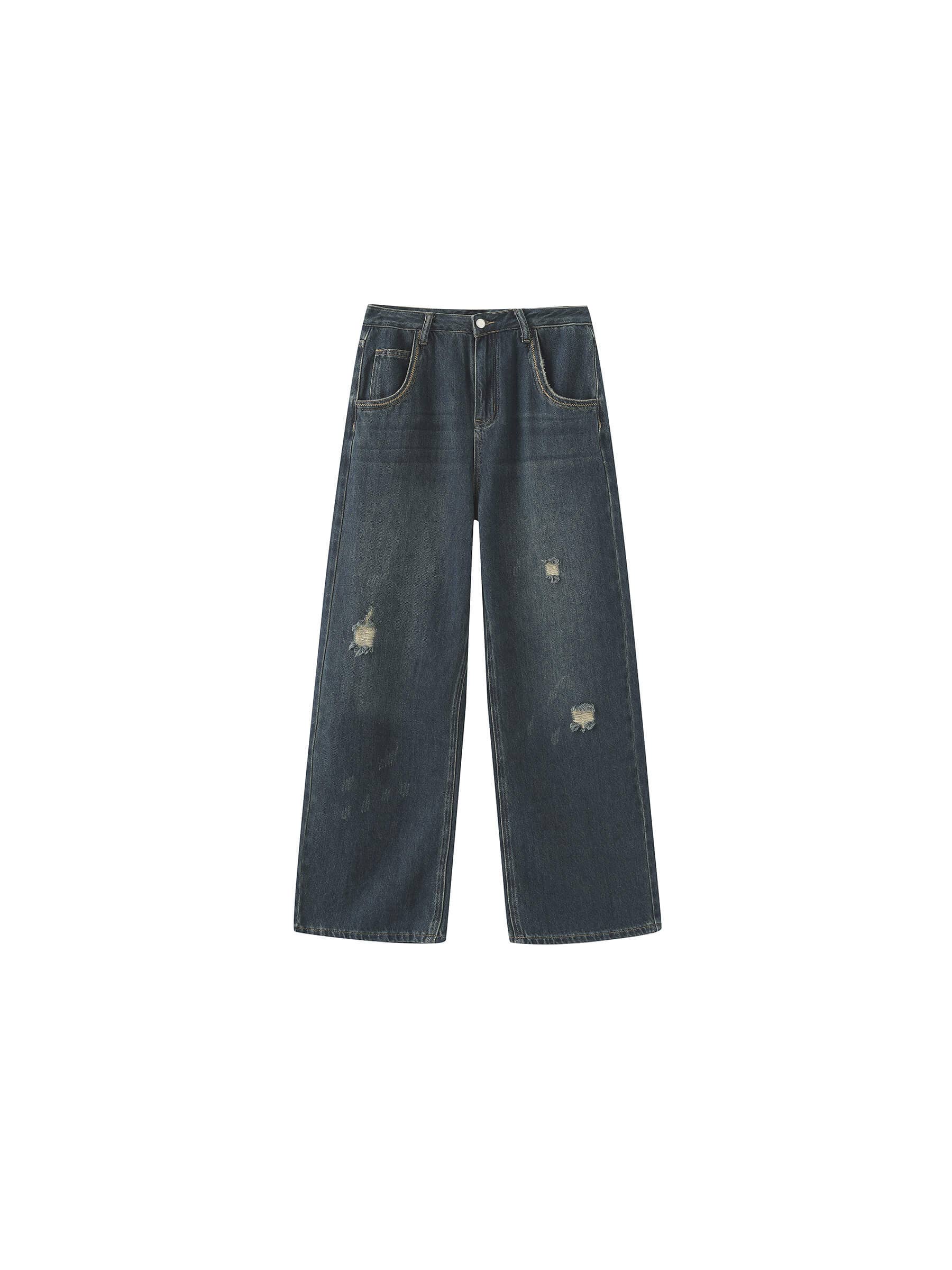 Cubic Hole Washed Straight Jeans