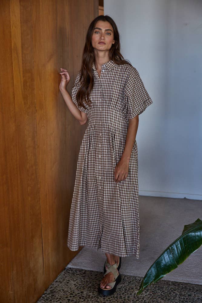By Together Woven Cotton Gingham Print Button Down Flare Maxi